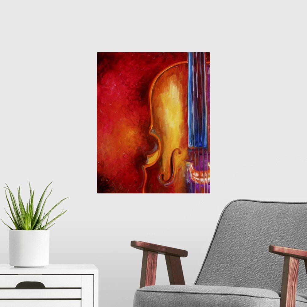 A modern room featuring A contemporary abstract of the Cello with bold color and an unexpected composition.