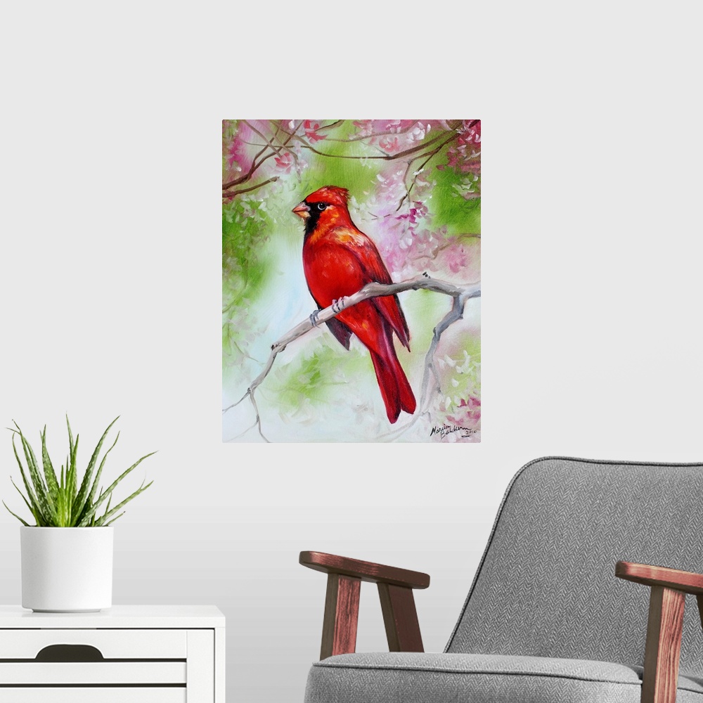 A modern room featuring Contemporary painting of a male cardinal perched on a branch with green leaves and pink flowers i...