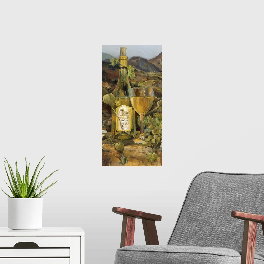 A modern room featuring Contemporary docor painting of a glass of white wine next to a bottle decorated with grapes and a...
