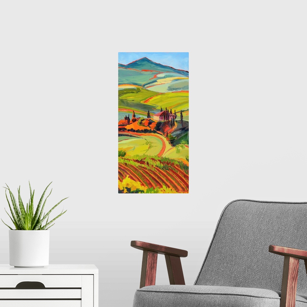 A modern room featuring Scene of Tuscan countryside with mountains in distance.