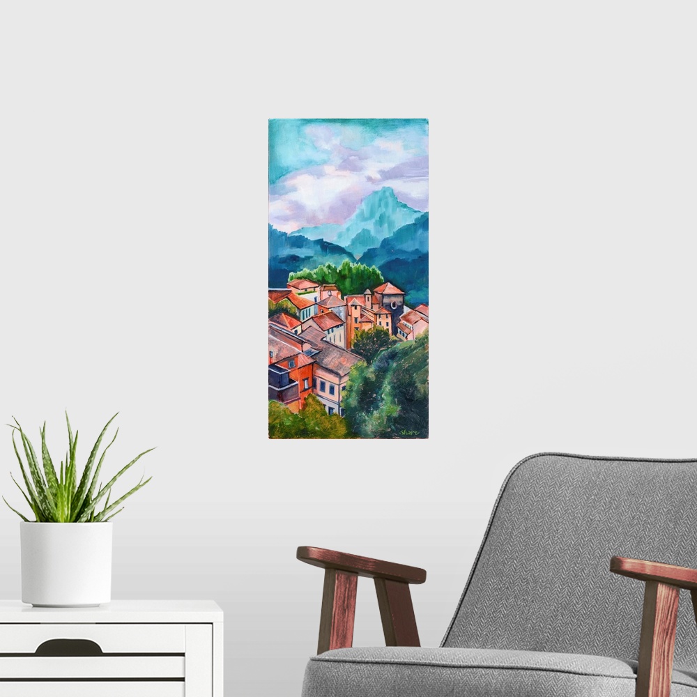 A modern room featuring Village in Tuscany with mountains in distance.