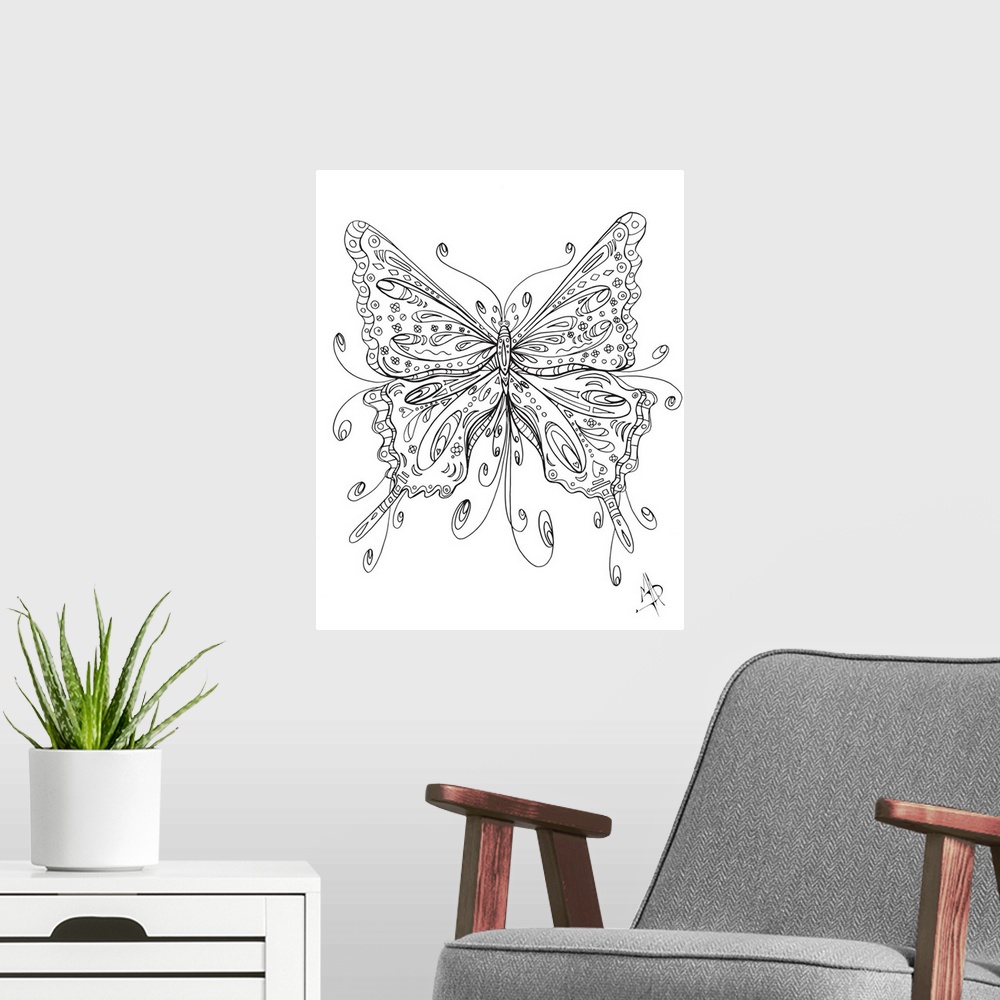 A modern room featuring Black and white line art of a butterfly with large, patterned wings.