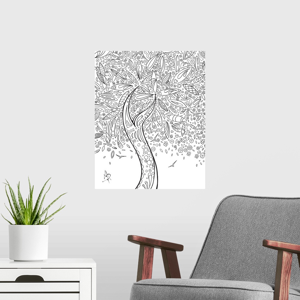 A modern room featuring Black and white line art of a graceful  tree with leafy branches and blossoms.