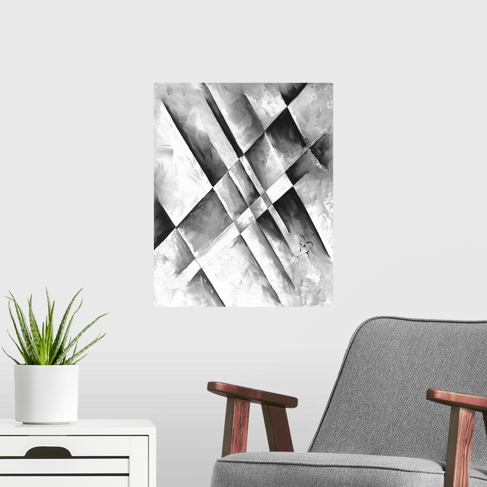 A modern room featuring Contemporary abstract painting using gray toned geometric shapes.
