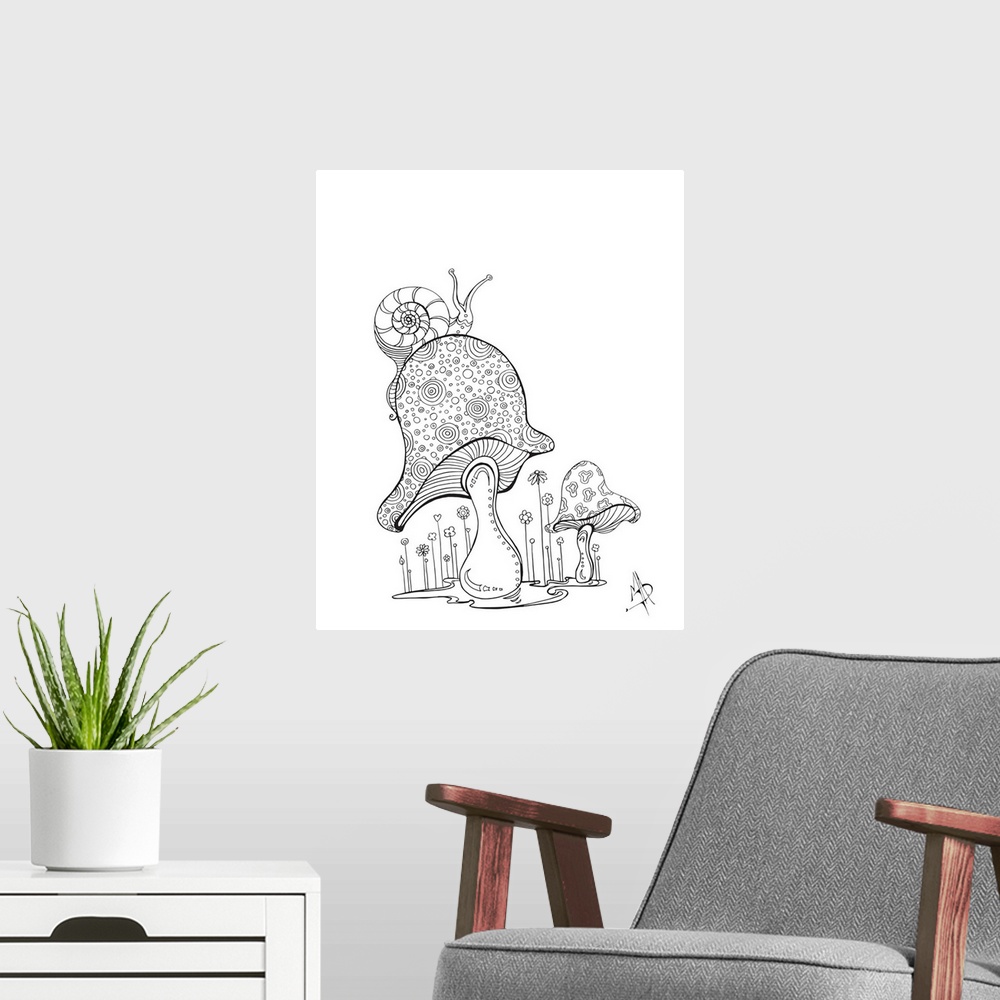 A modern room featuring Black and white line art of a snail crawling on top of a mushroom.