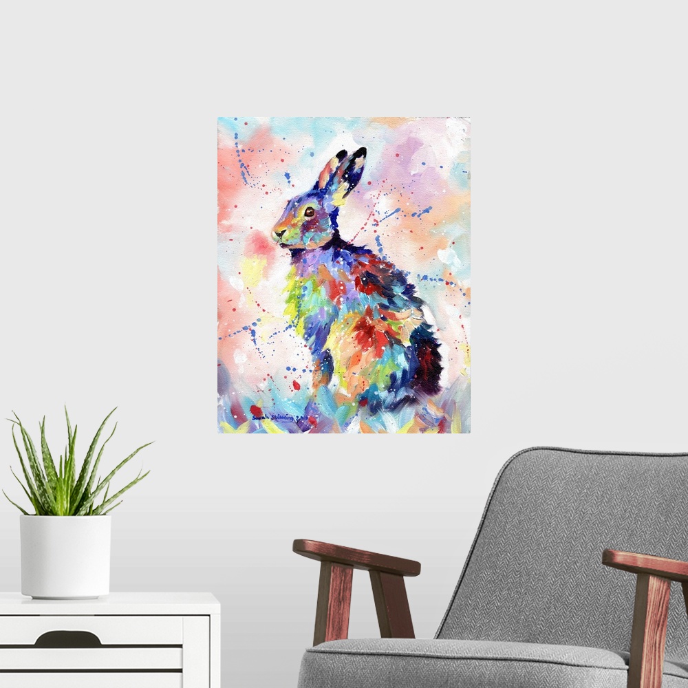 A modern room featuring Multicolored painting of an alert hare.