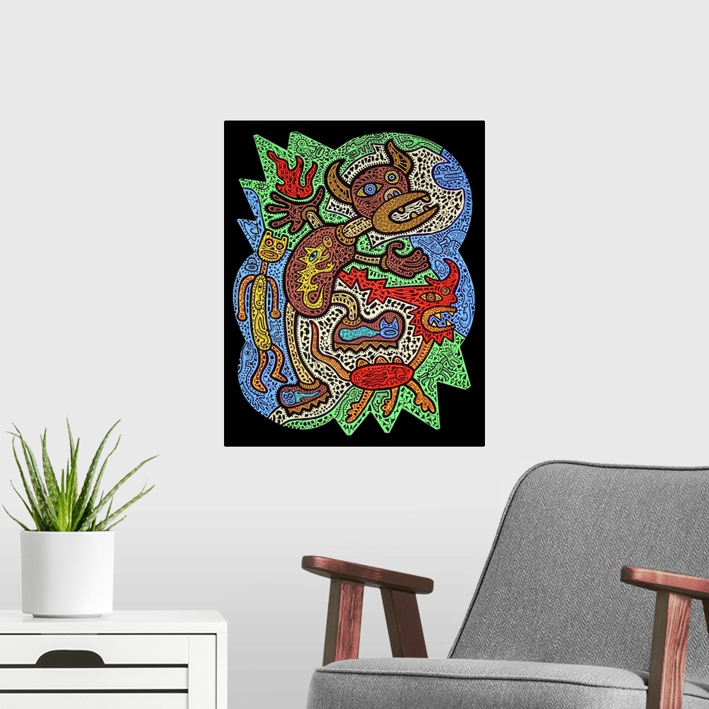 A modern room featuring Contemporary artwork with tons of detail and color, with aboriginal  inspired undertones in an ur...