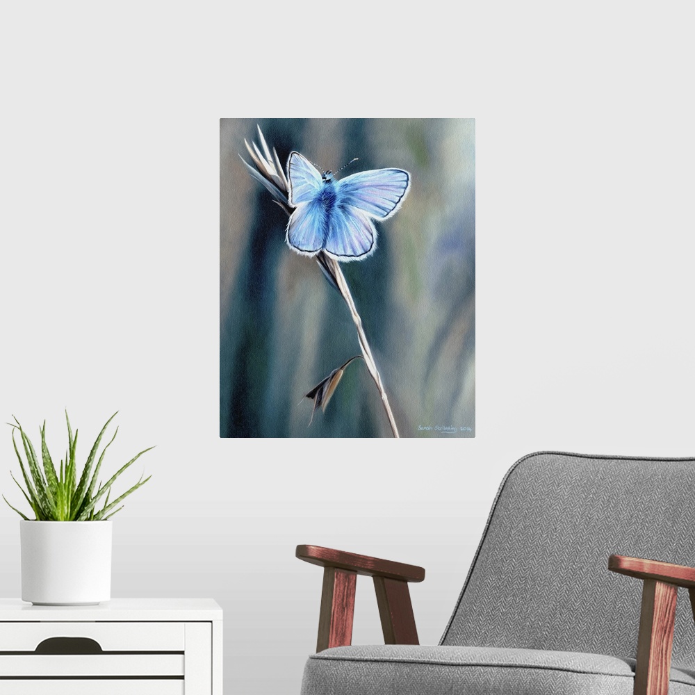 A modern room featuring Oil on canvas painting of a common blue butterfly.