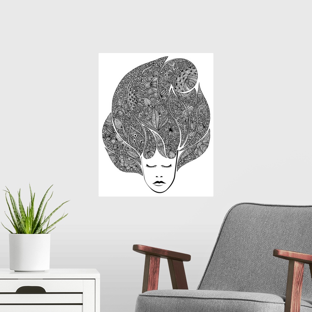A modern room featuring Contemporary line art of female head with large decorative hair with flowers and intricate design...