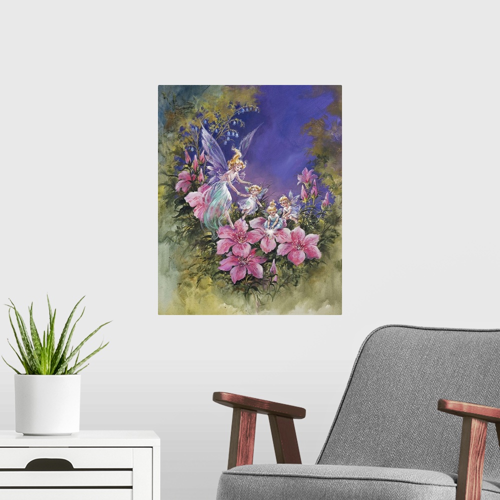 A modern room featuring Whimsical contemporary fantasy artwork of fairies and flowers.