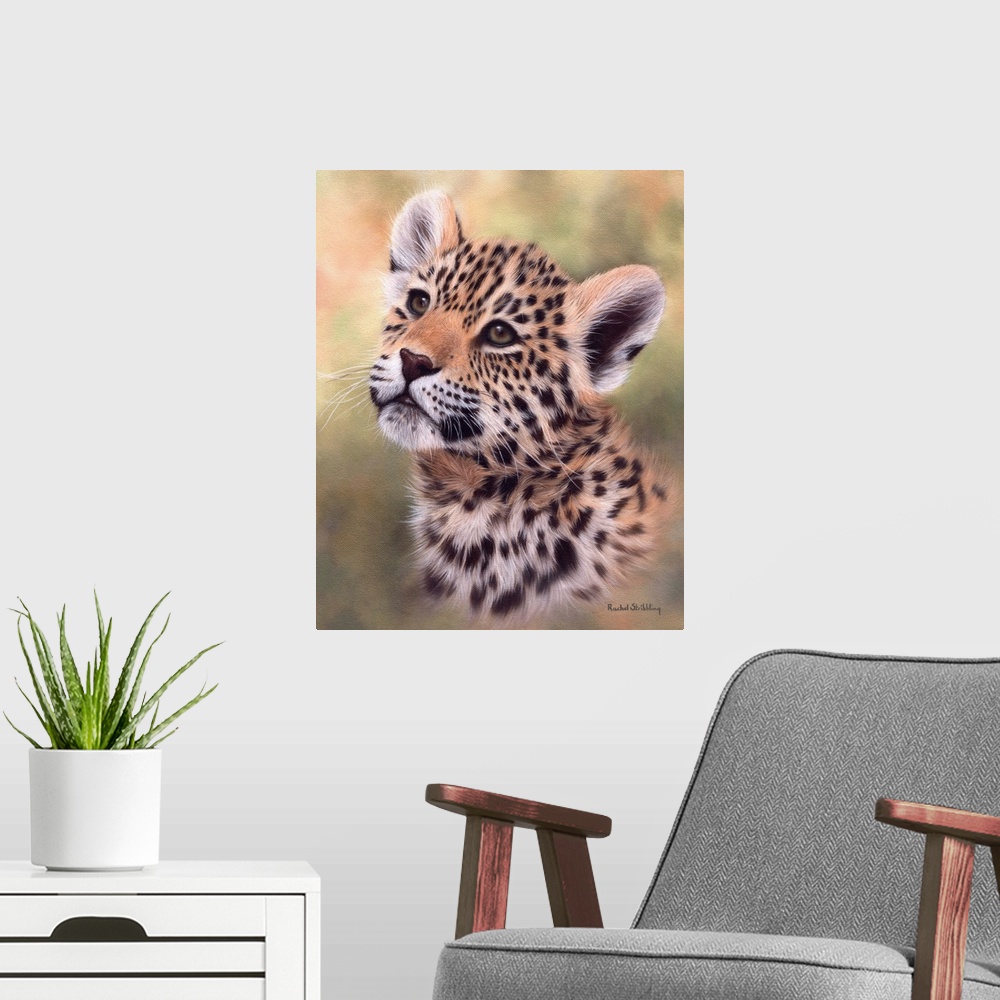 A modern room featuring Portrait of a jaguar cub looking up.