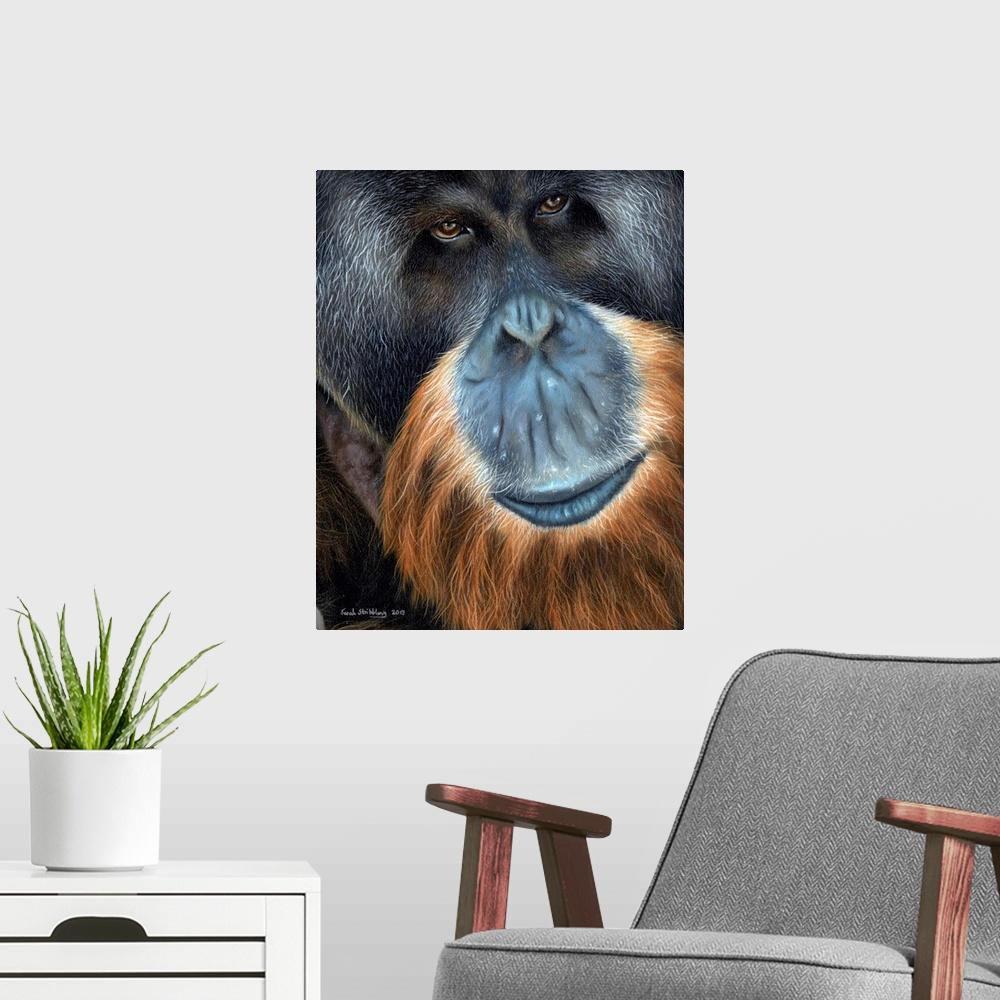 A modern room featuring Oil painting of a close up of an Orangutan.