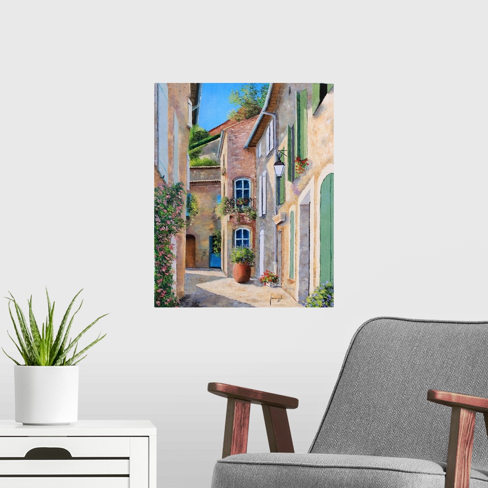 A modern room featuring Contemporary painting of a European village alley.