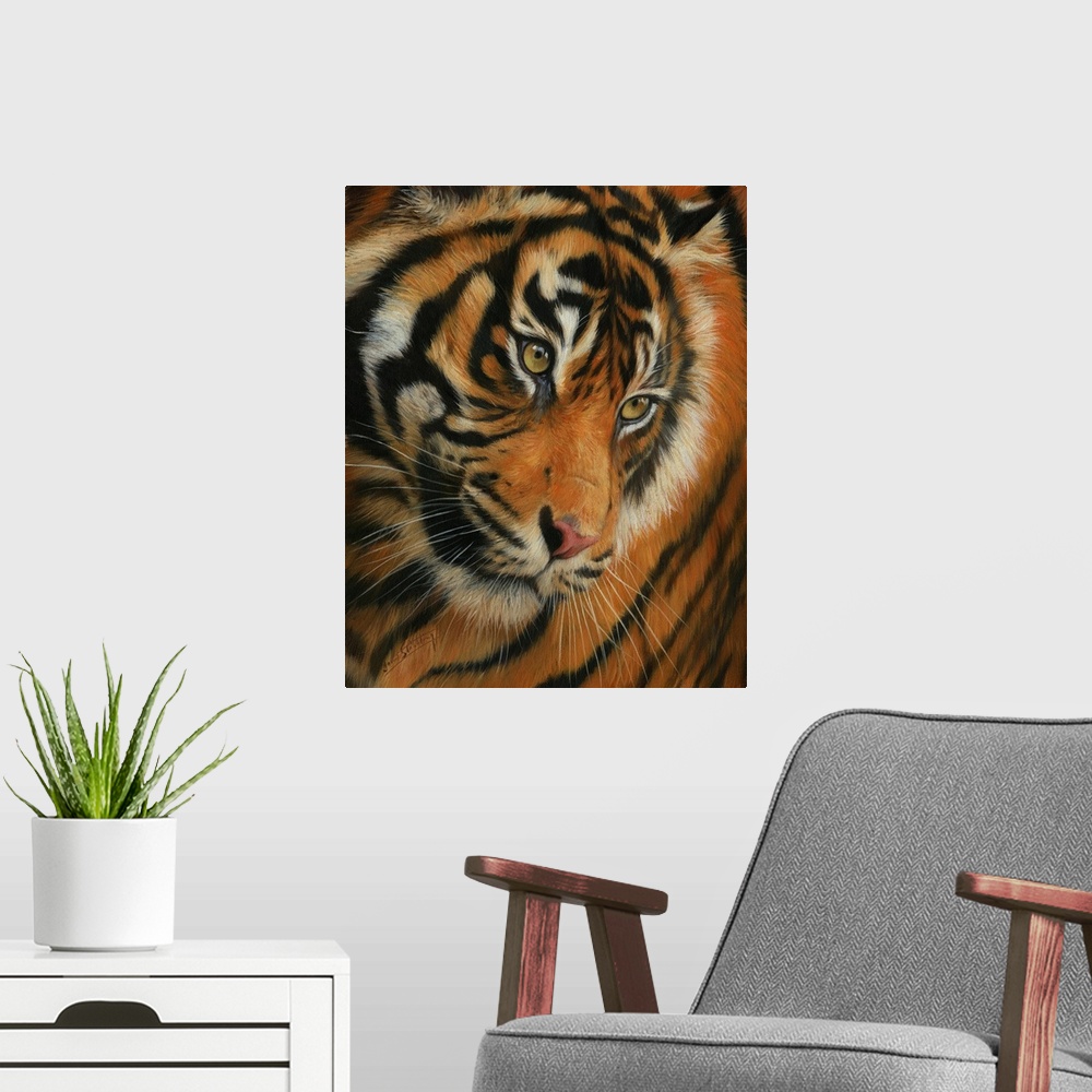 A modern room featuring Contemporary painting of a Siberian tiger staring at something with intent.