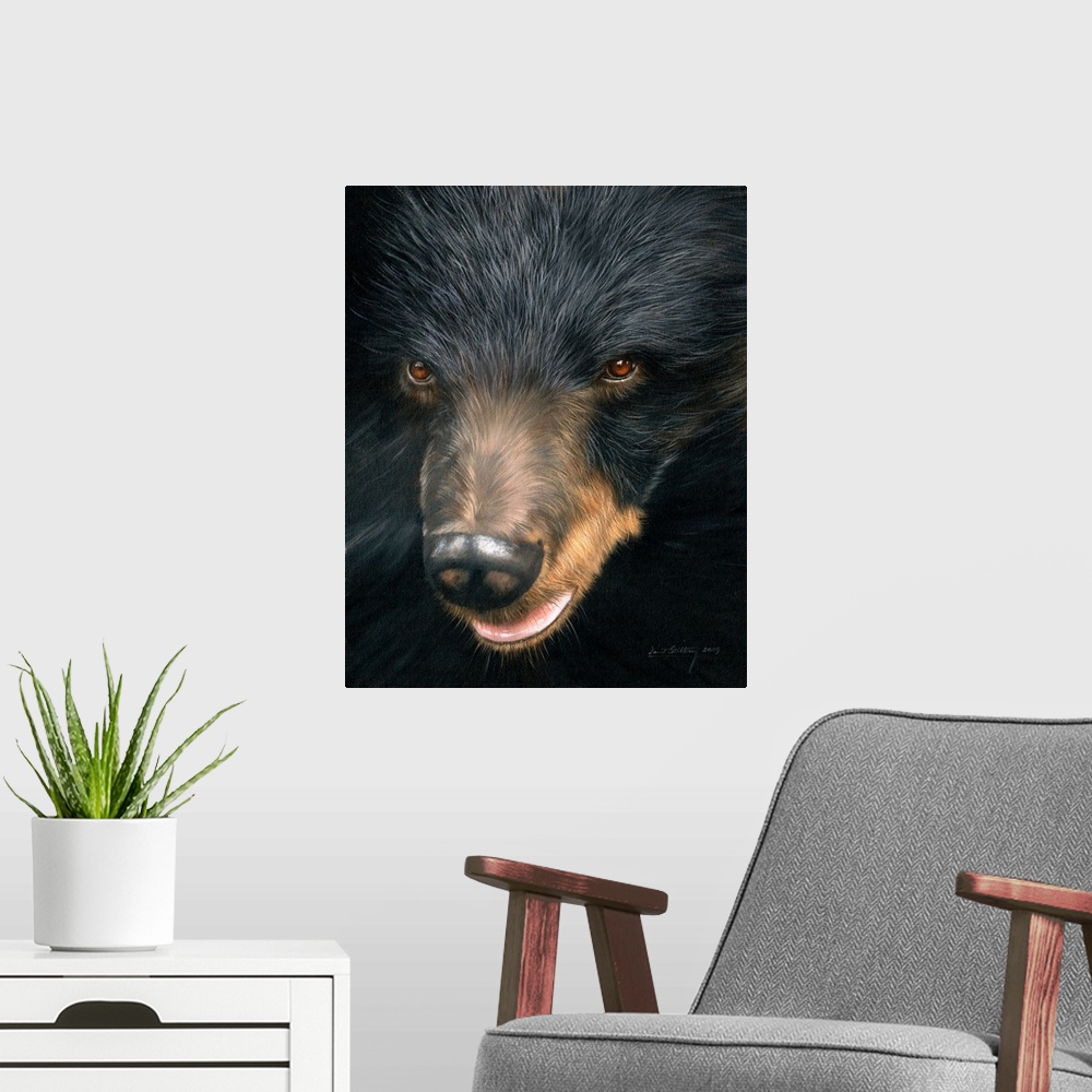 A modern room featuring Contemporary painting of a black bear face close-up.