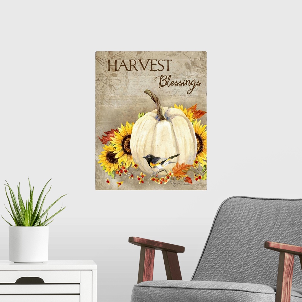 A modern room featuring Thanksgiving decor of a white pumpkin and sunflowers with a small bird.