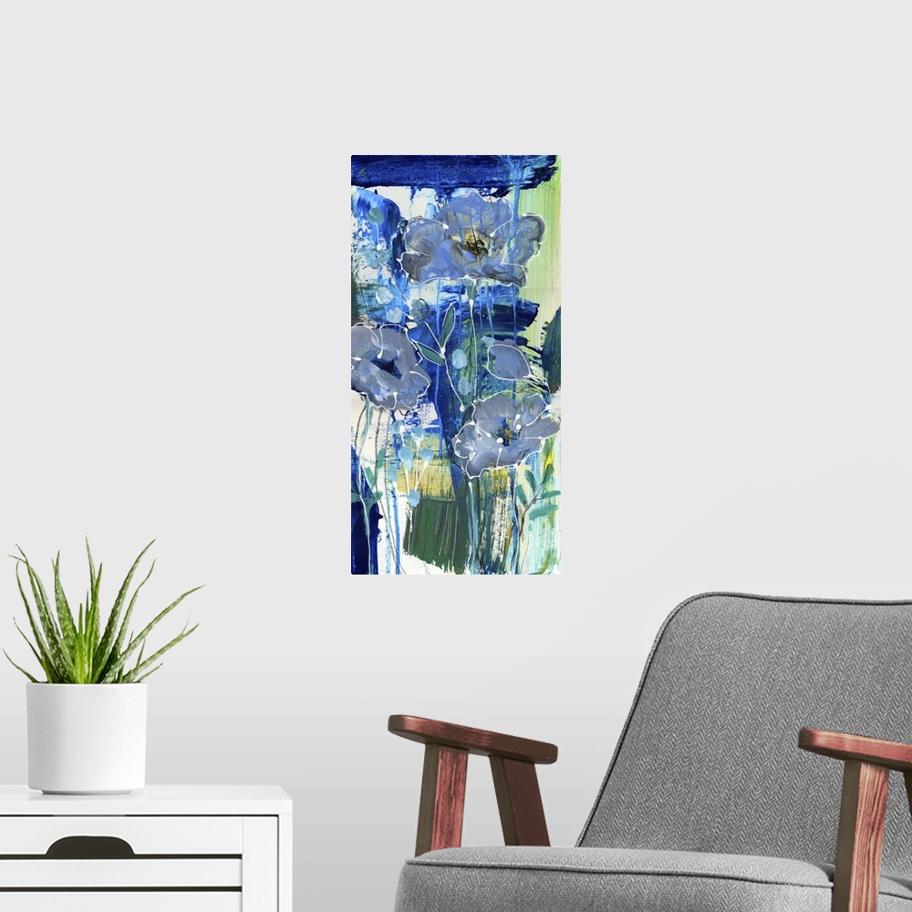 A modern room featuring Contemporary painting using bright colors and floral elements.