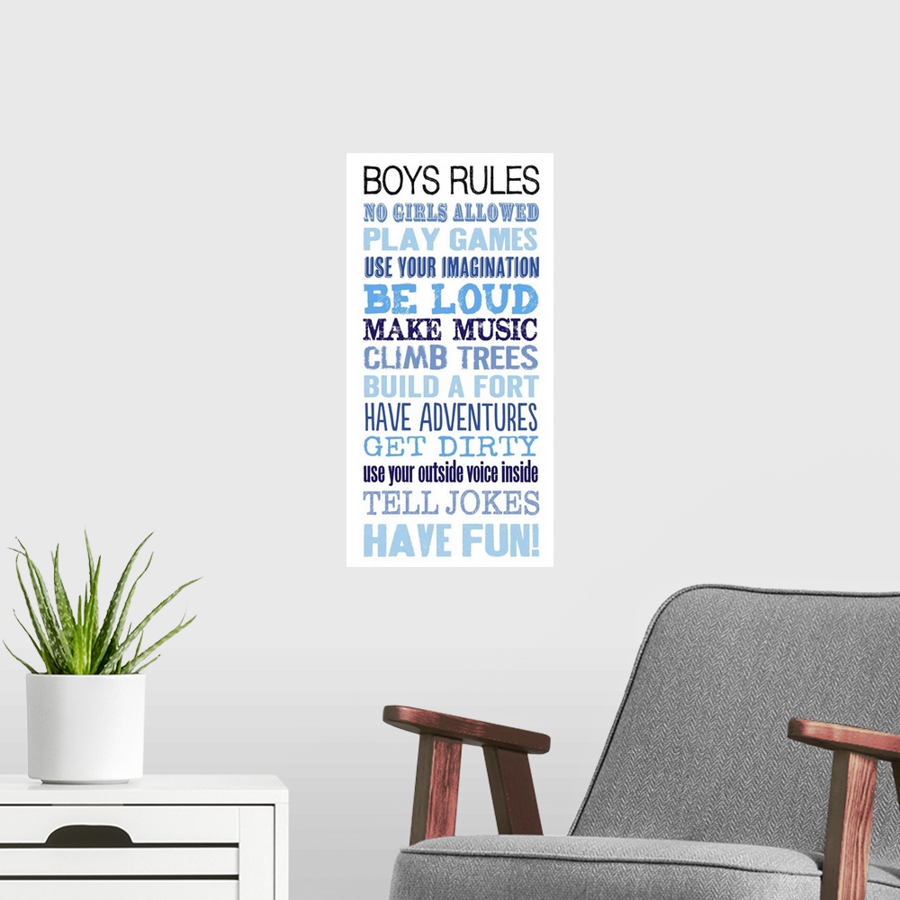 A modern room featuring Boys Rules