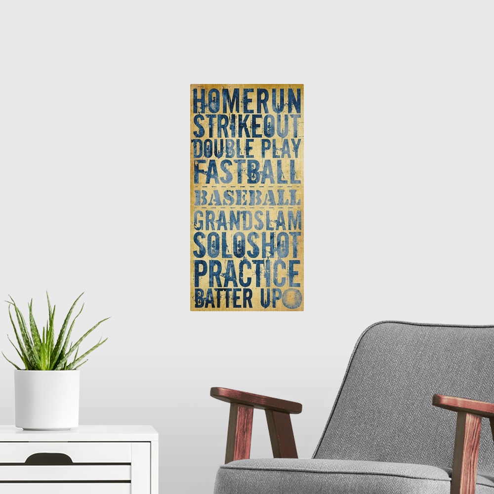 A modern room featuring Home Run typography art - dark blue