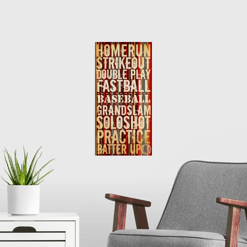 A modern room featuring Home Run typography art - tan
