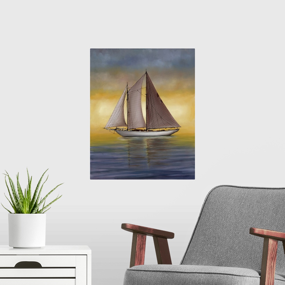 A modern room featuring A large sailboat on calm waters at sunset.