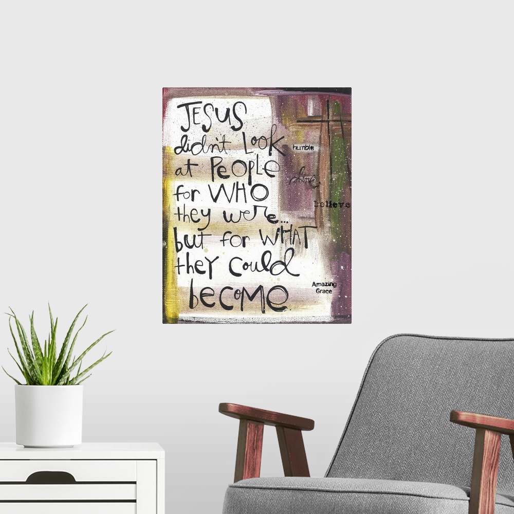 A modern room featuring An inspirational message about Jesus handwritten with purple and yellow.