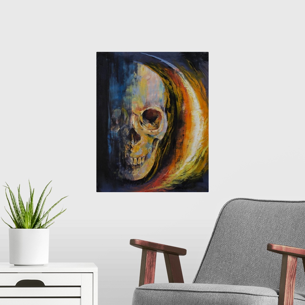 A modern room featuring Aura - Skull Painting