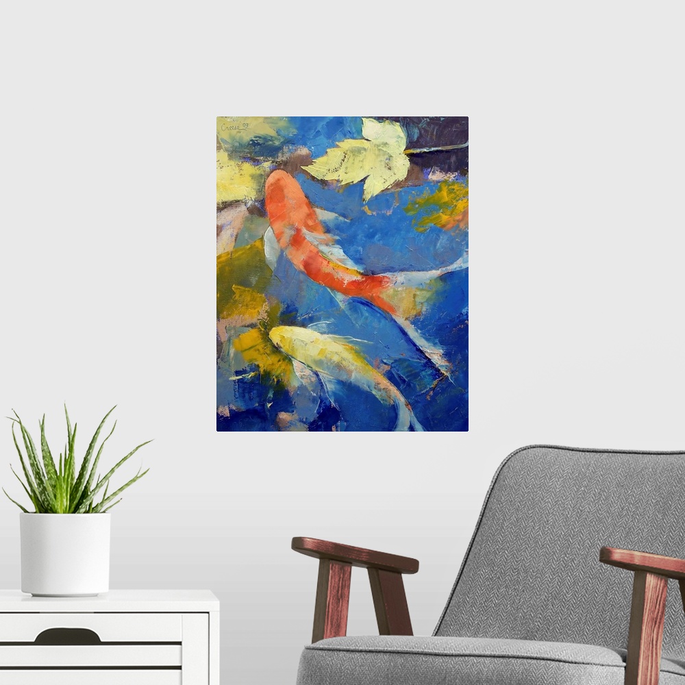 A modern room featuring Portrait, decorative painting of two koi fish swimming through water with golden fall leaves.