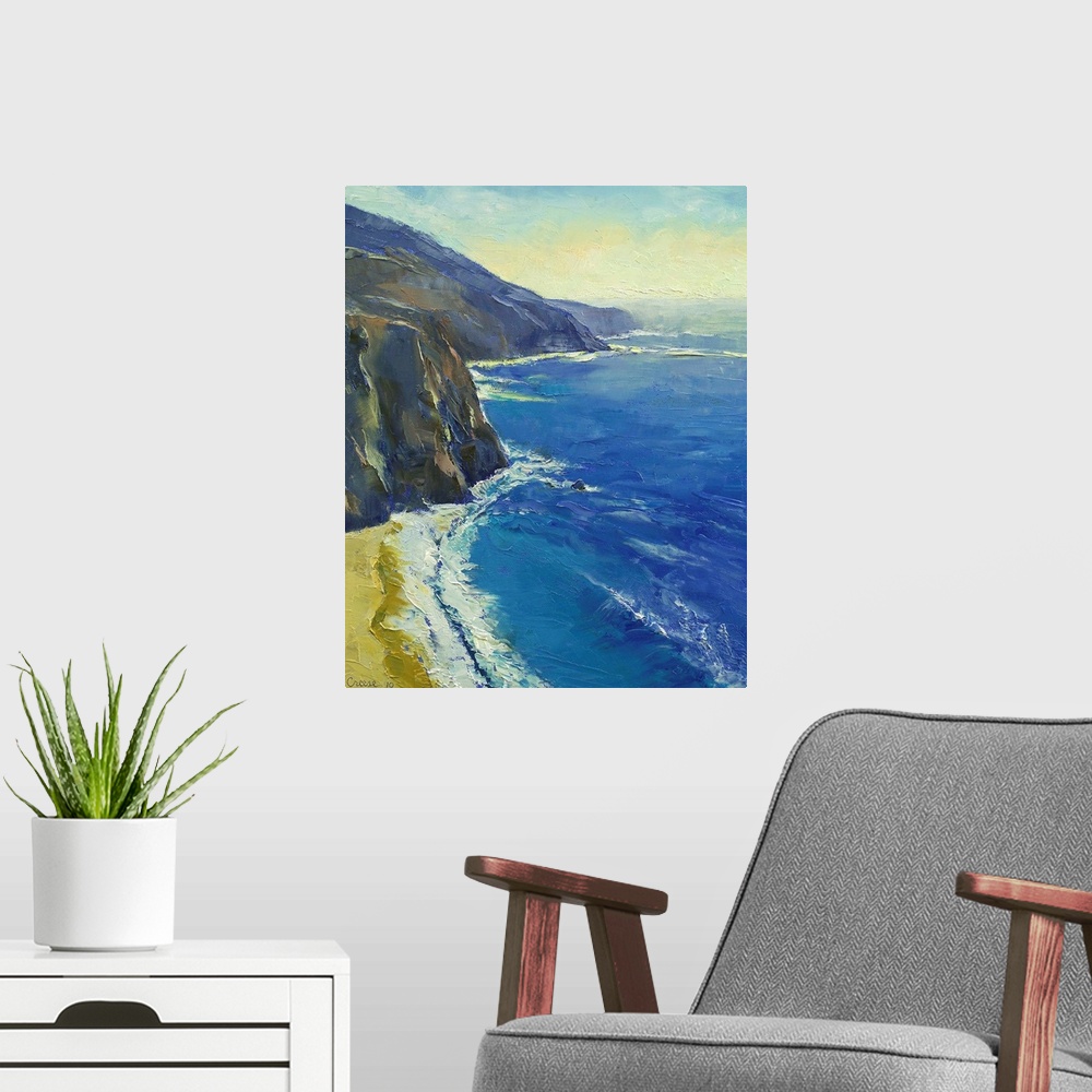 A modern room featuring Contemporary painting of a beach along the rocky cliffs of the Pacific Ocean.