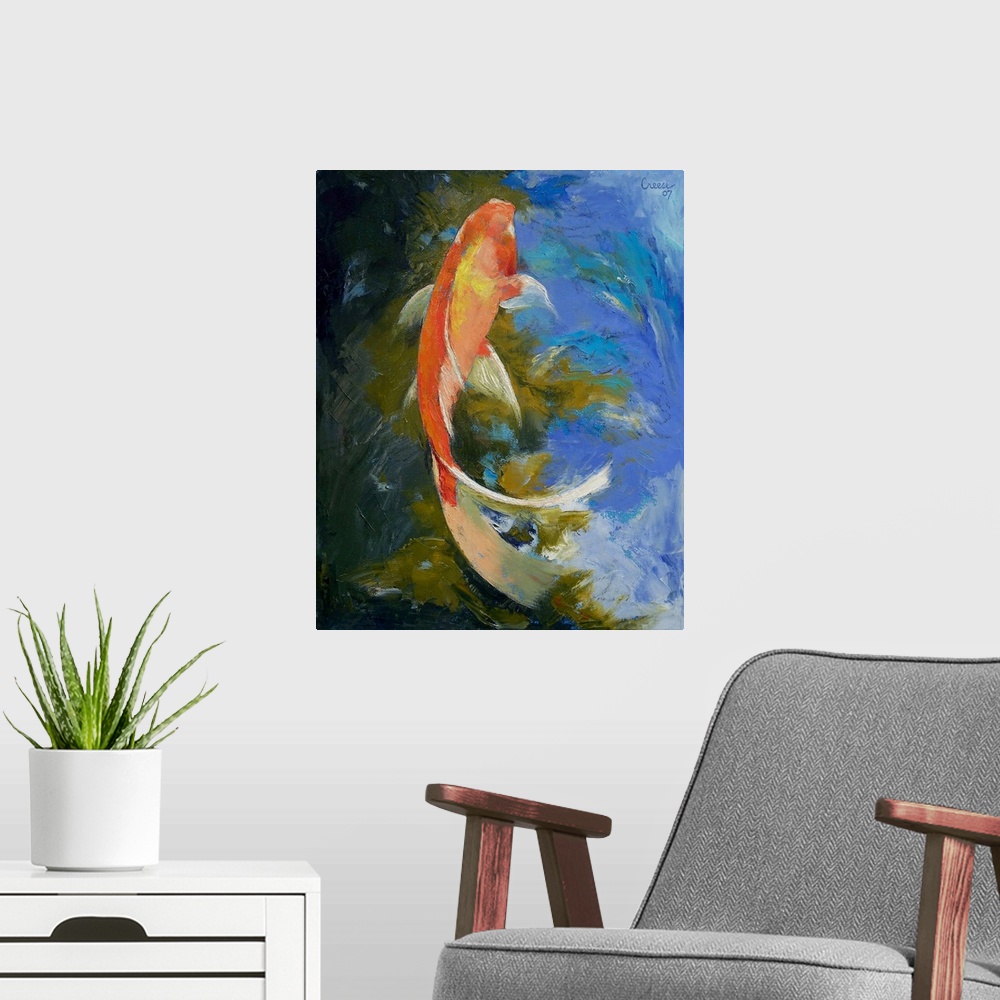 A modern room featuring Vertical, large painting of the top of a butterfly koi fish swimming through the plants in the wa...