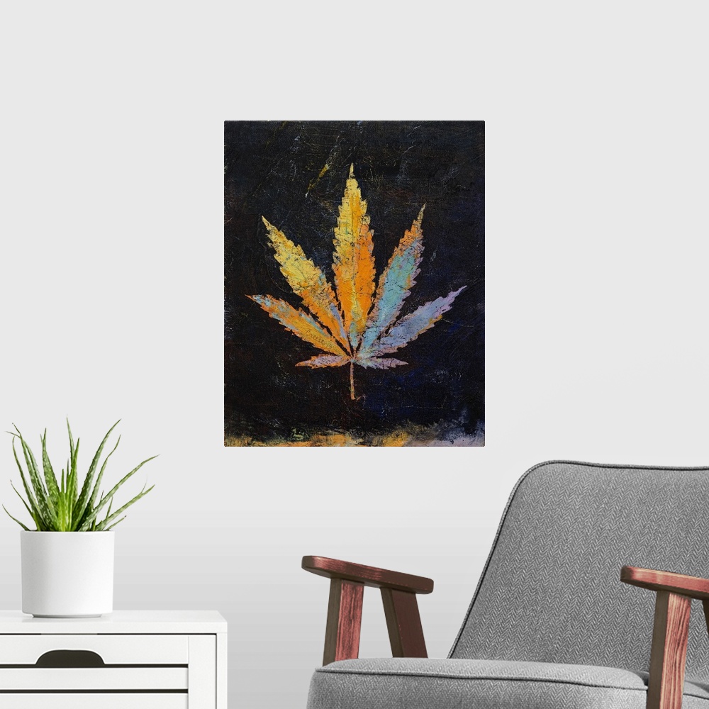 A modern room featuring A contemporary painting of a colorful plant leaf against a black background.