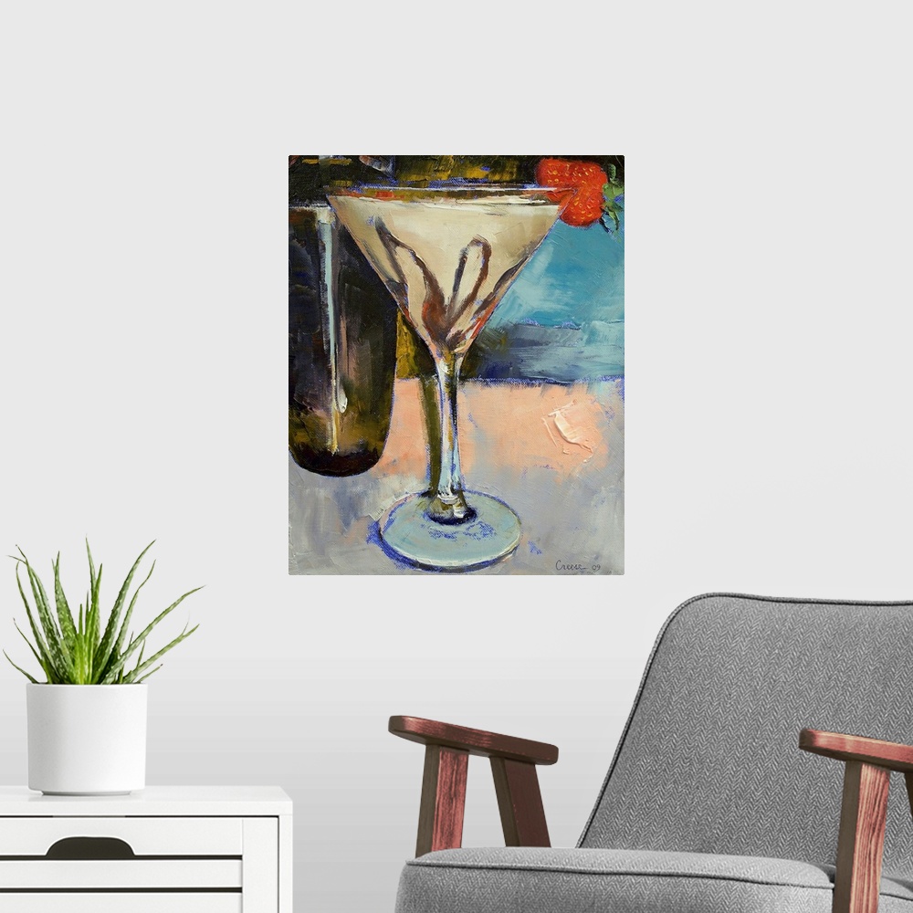 A modern room featuring Oil painting by an American artist of an alcoholic beverage garnished with a strawberry with glas...