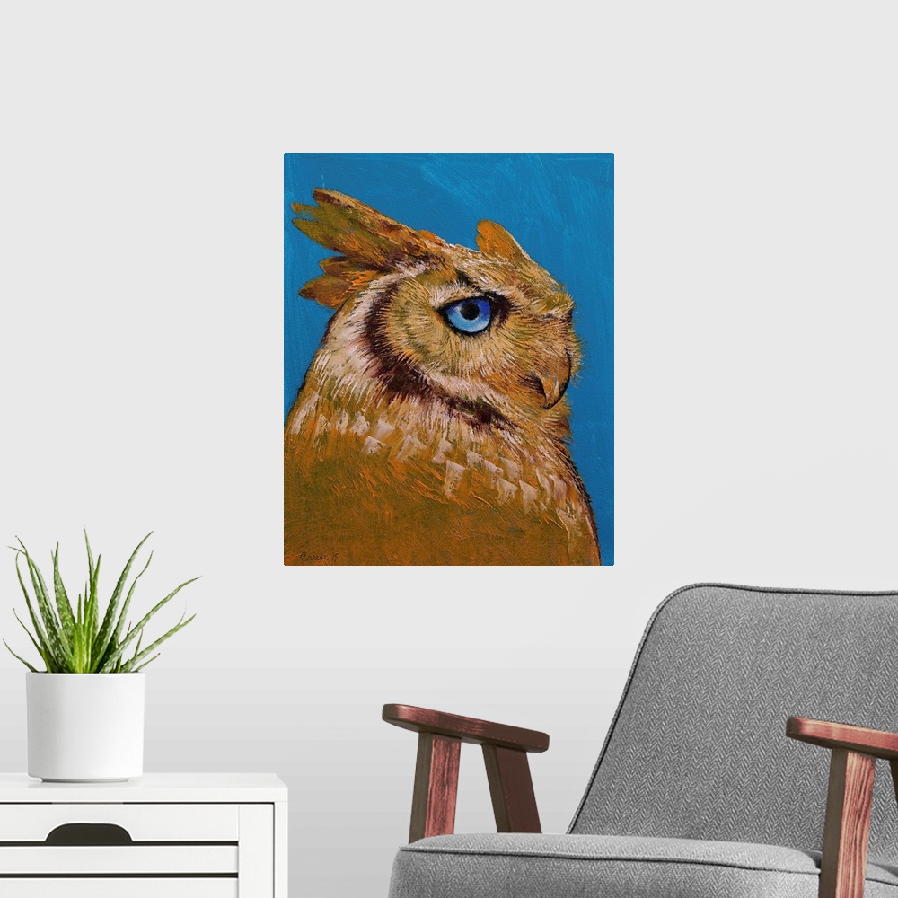 A modern room featuring A contemporary painting of a brown owl with piercing blue eyes.