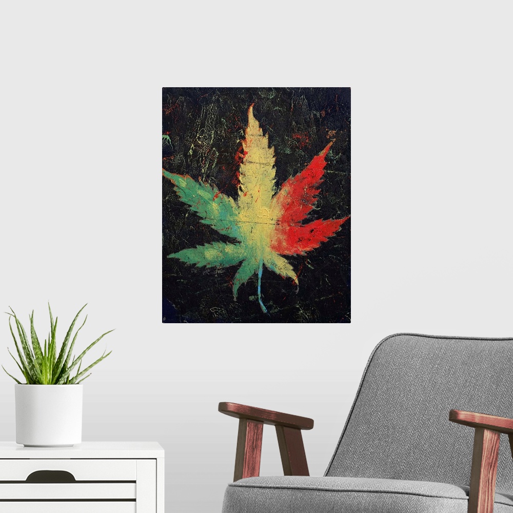 A modern room featuring A contemporary painting of a Rasta colored plant leaf.
