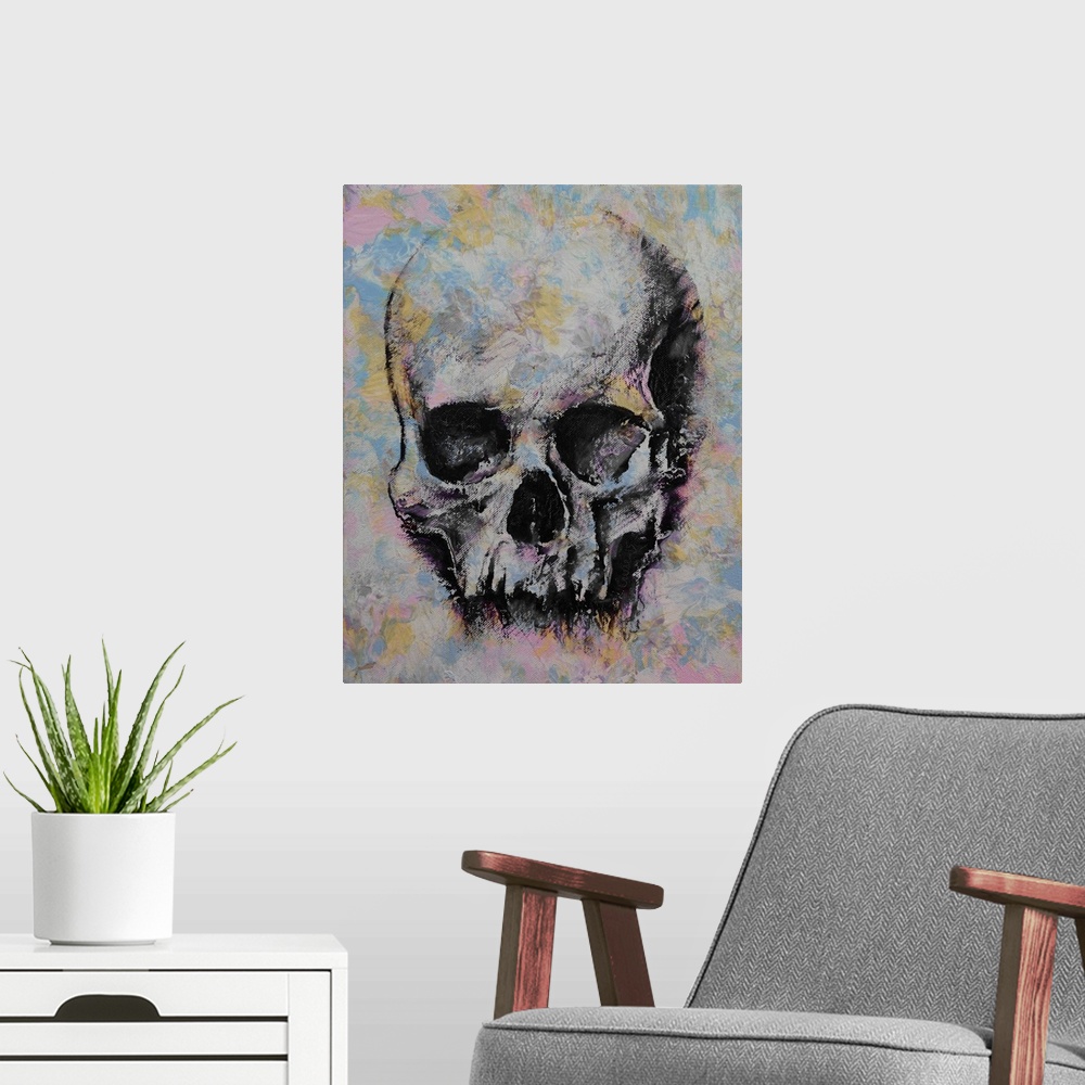 A modern room featuring A contemporary painting of a human skull.
