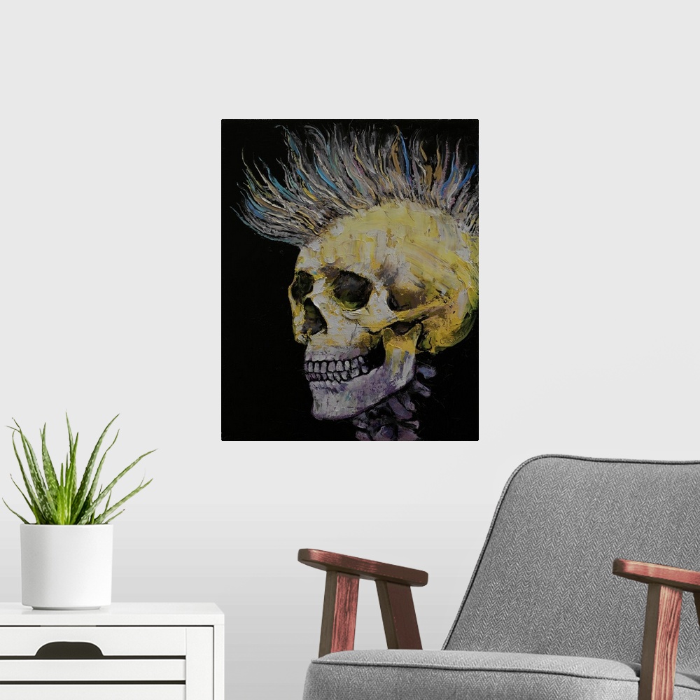A modern room featuring A contemporary painting of a human skull with a big spiky Mohawk.