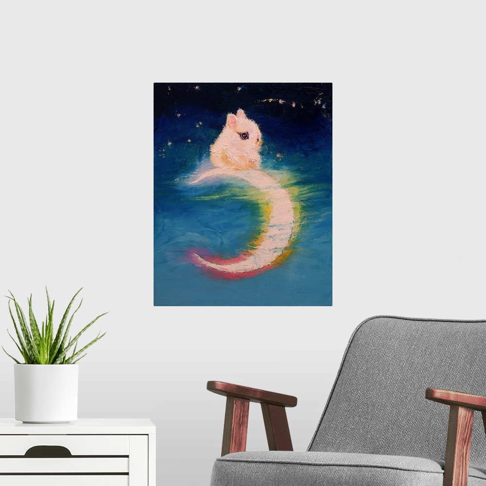 A modern room featuring A contemporary painting of a tiny white bunny sitting on top of a crescent moon.