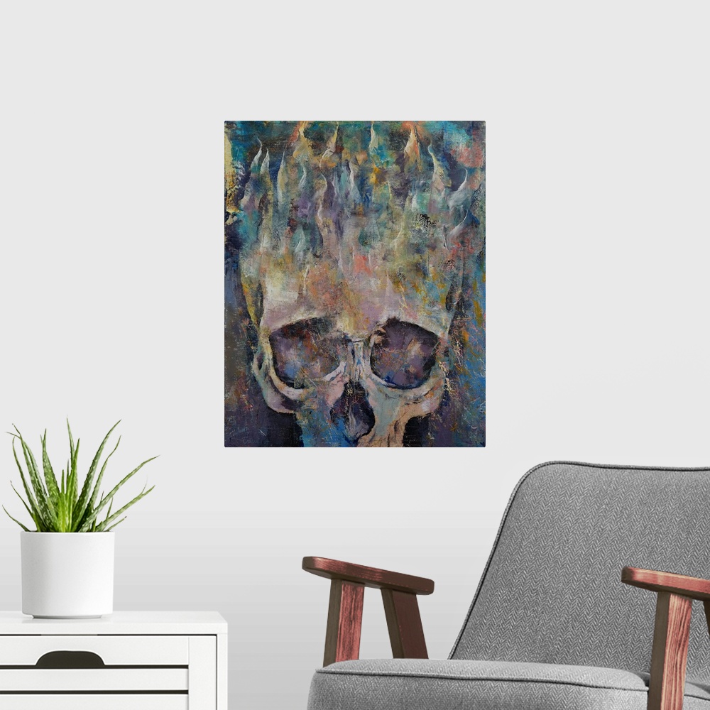 A modern room featuring A contemporary painting of a human skull with flames rising from the top.