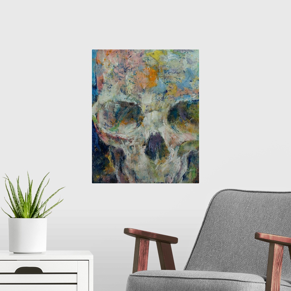A modern room featuring A contemporary painting of a close-up on a multi-colored human skull.