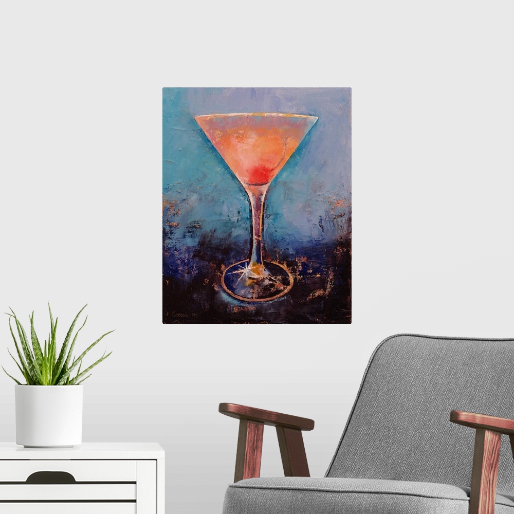 A modern room featuring A contemporary painting of a pink cocktail.