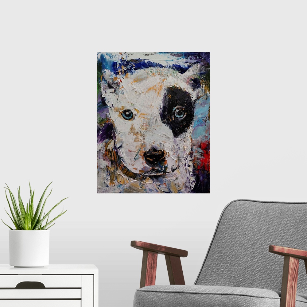 A modern room featuring Pit Bull Puppy