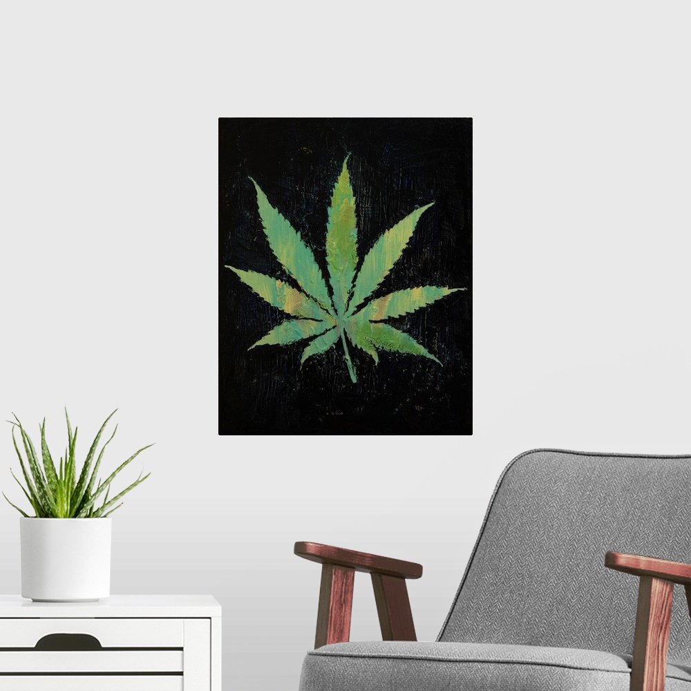 A modern room featuring A contemporary painting of a green leaf against a black background.