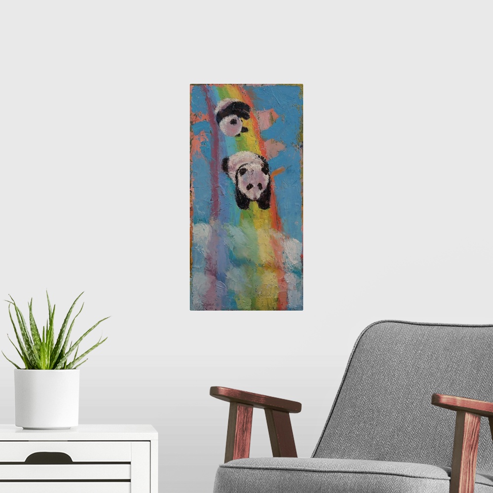 A modern room featuring A contemporary painting of two panda bears tumbling down a rainbow.