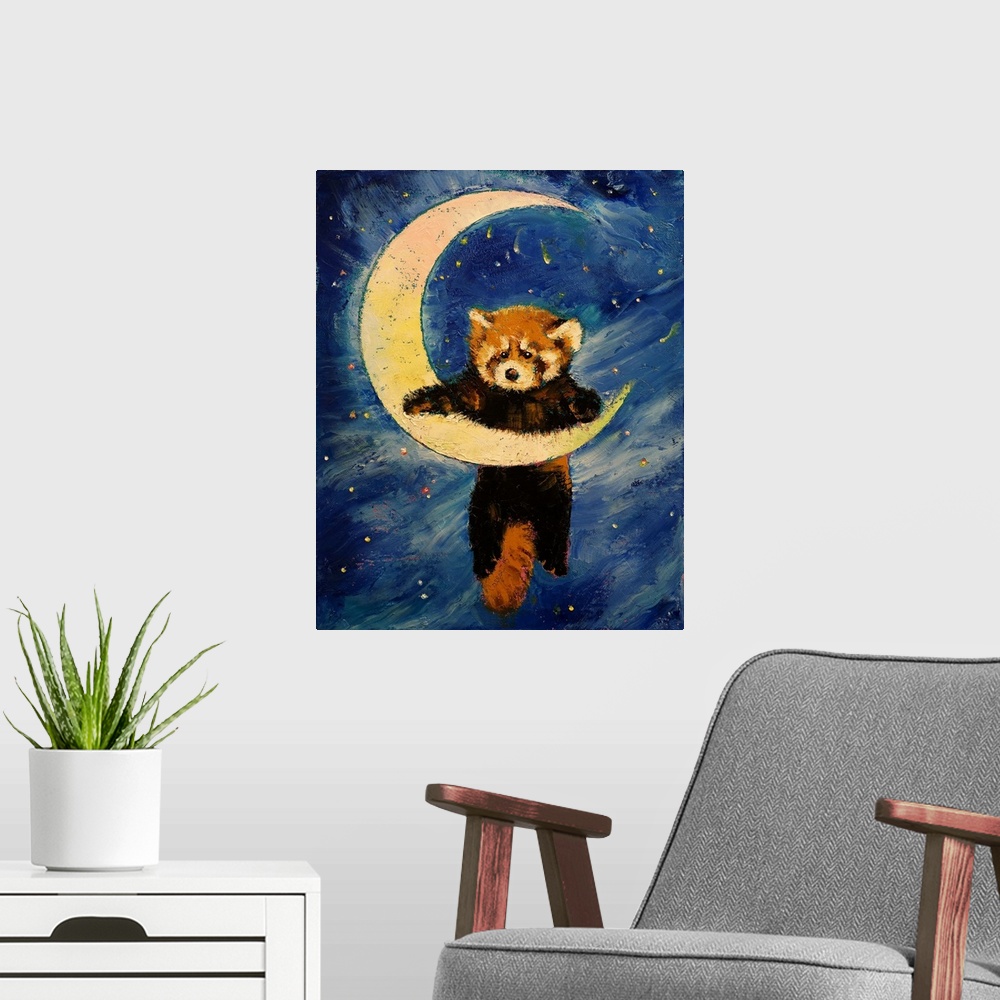 A modern room featuring A contemporary painting of red panda dangling from a crescent moon.