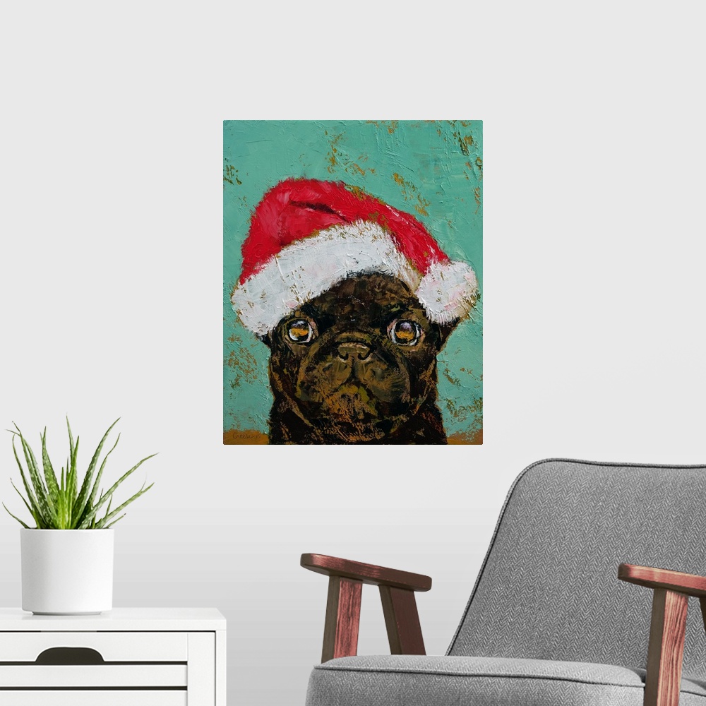 A modern room featuring A contemporary painting of a black pug wearing a Santa hat.