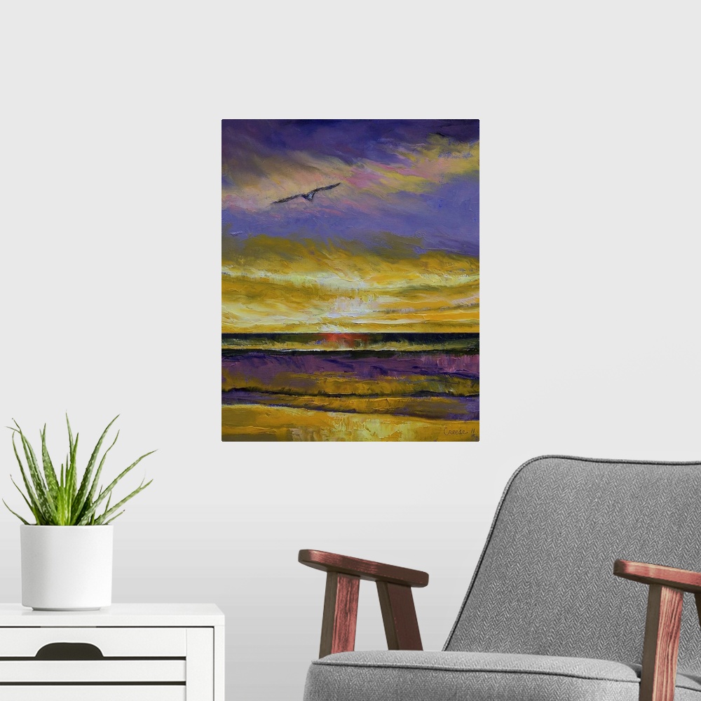 A modern room featuring Big, vertical wall painting of a seagull flying over water at sunset.  Painted with thick ,heavy ...