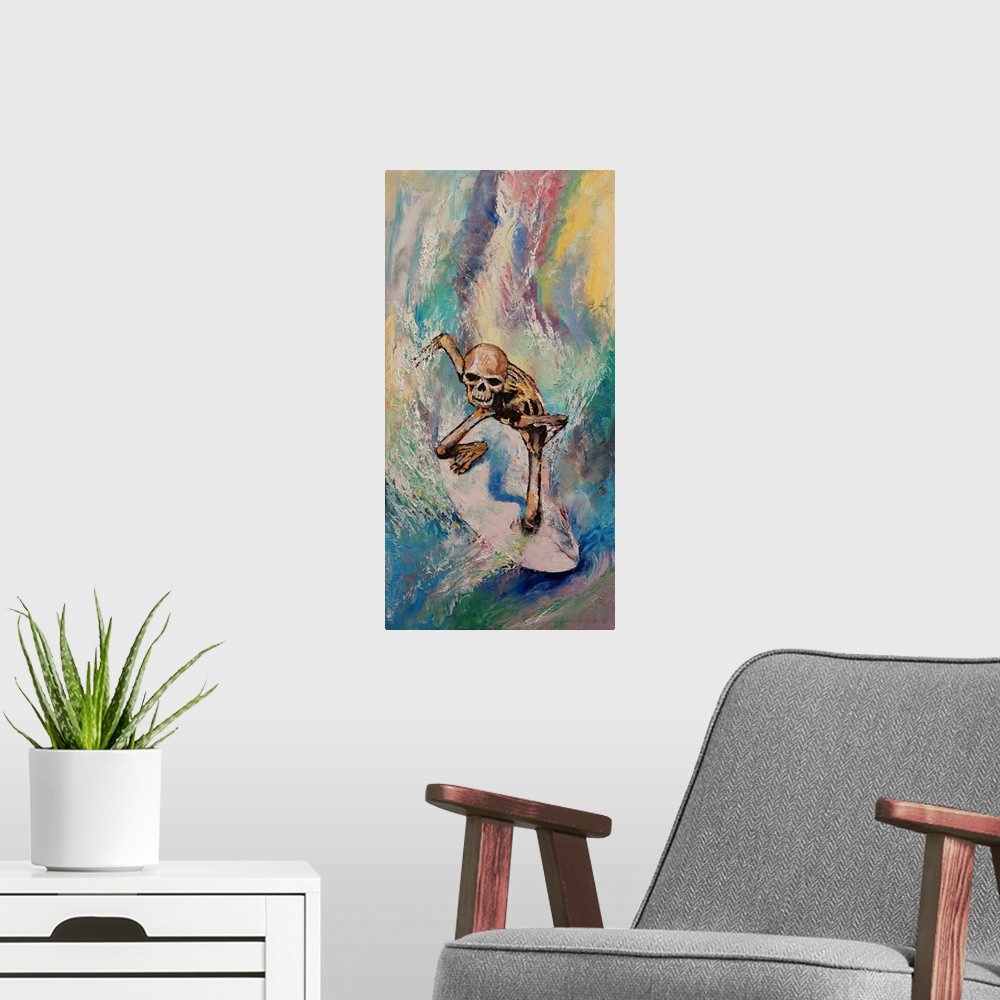 A modern room featuring A human skeleton riding a surfboard down a multi-colored wave.