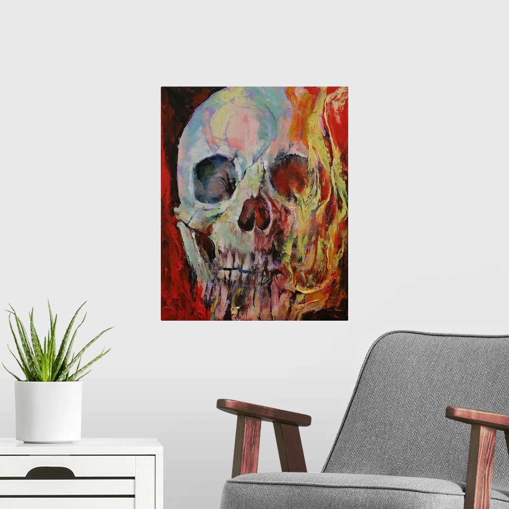 A modern room featuring A human skull with fire enveloping half the face.
