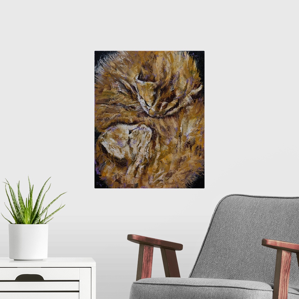 A modern room featuring Contemporary painting of pale orange kittens curled up together,