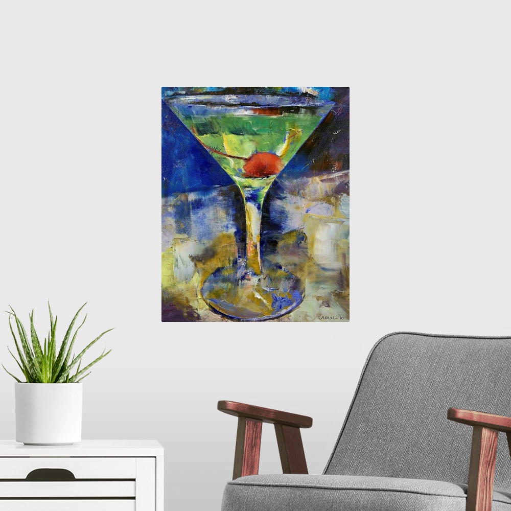A modern room featuring Artwork perfect for the home of a large martini glass filled with a green drink and a cherry sitt...